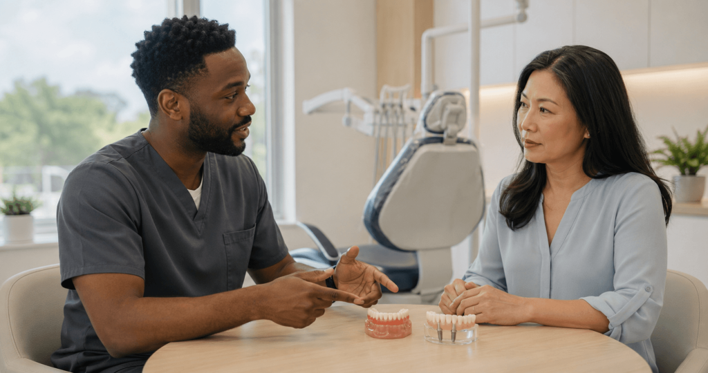Dentist discussing denture and implant-supported tooth replacement options with a patient.