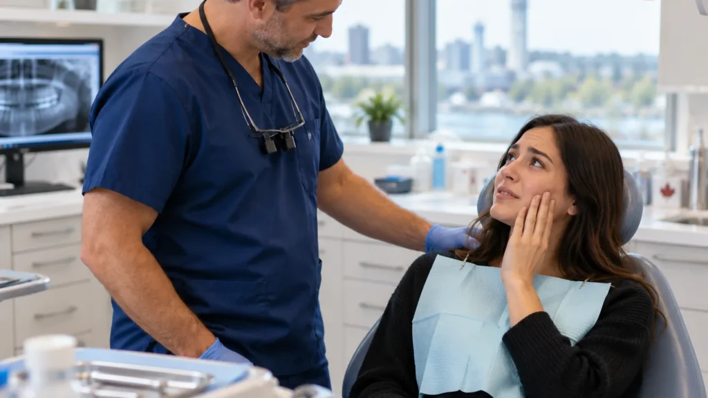Dentist reassuring a patient during an emergency dental visit at Woodlawn Dental Office in Welland, Ontario